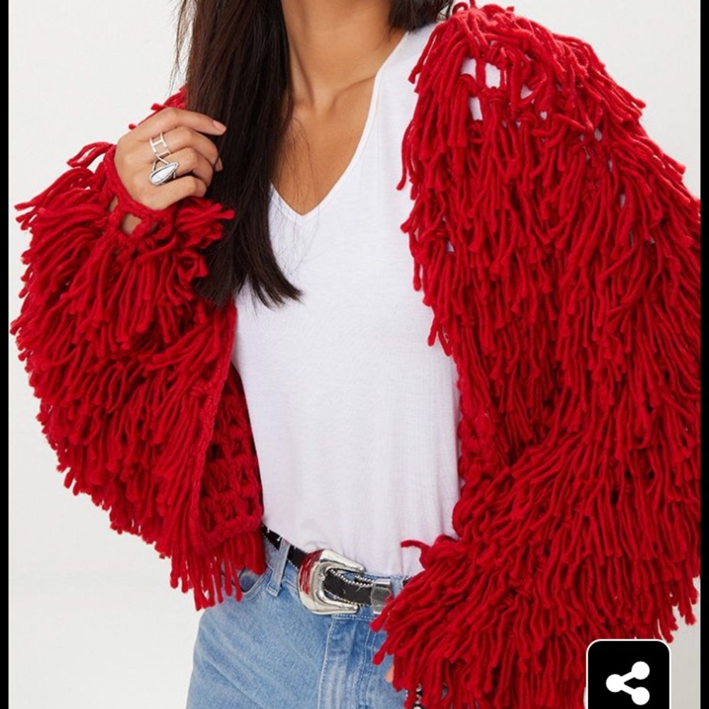 Red shaggy knit cropped jacket cardigan